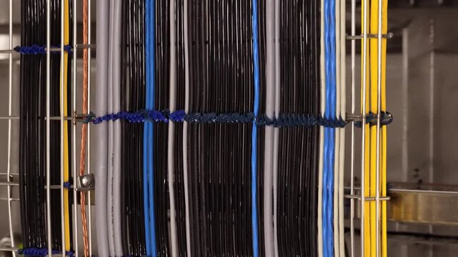 Tightly bundled color coded electrical cables run vertically inside a metal wire tray in an industrial enclosure.