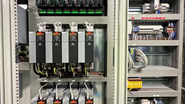 Electrical control cabinet filled with variable frequency drives, terminals, and neatly organized wiring, camera slowly panning across the enclosure.