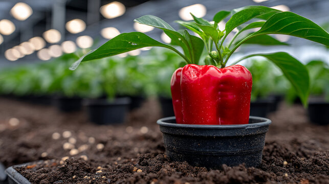 Red bell pepper growing in a pot inside a professional greenhouse nursery with capsicum, greenhouse