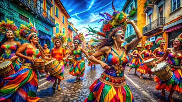 A kaleidoscope of colors dance across vibrant brazilian carnaval streets musicians lost in rhythm amidst swirling patterns
