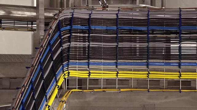 Organized network cables and electrical wiring on metal trays in a data center