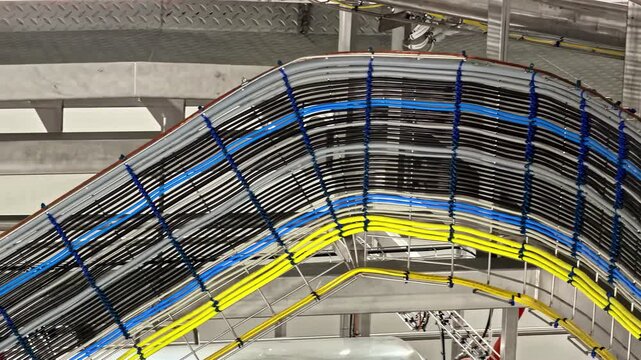 Bundled black, blue, and yellow cables curve tightly along a metal tray system inside a modern industrial facility.