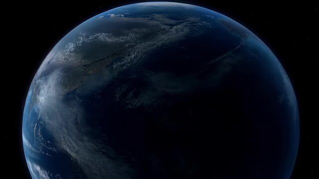 Earth spinning repeat globe in dark space with illuminated land, deep blue atmosphere, Europe Africa Middle East Asia cloud cover, detailed blue planet orbit view