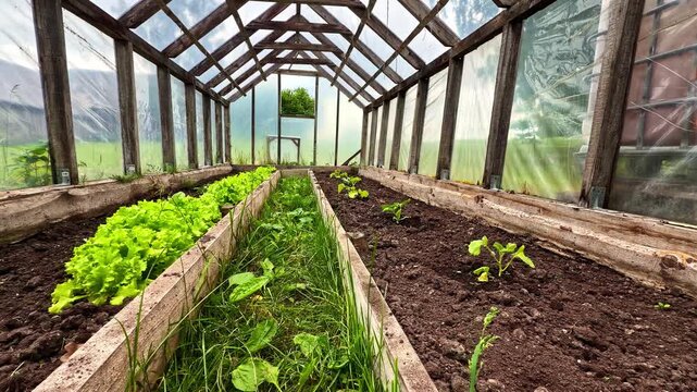 Interior View of Fresh Vegetables Growing in Long Raised Wooden Beds Inside a Greenhouse.