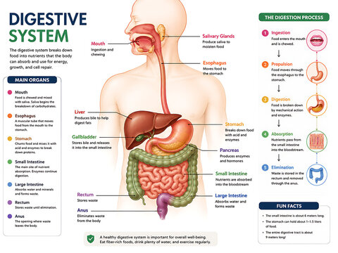 Human Digestive System Educational Anatomy Infographic, Labeled Digestive Organs Diagram, Digestion Process Chart, Medical Illustration of the Gastrointestinal Tract for Biology and Healthcare