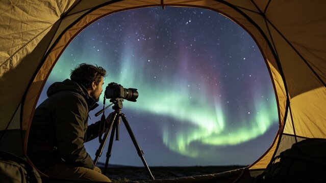 Nature photographer inside tent with tripod aimed at aurora 