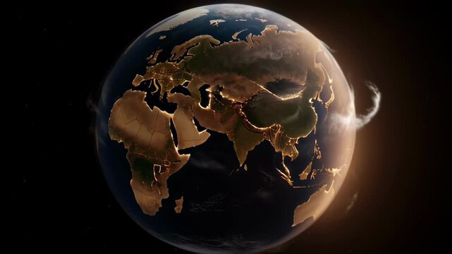 Earth spinning globe in dark space with cloud swirl, gold continent map, repeat cycle of light, shadow, orbit, world, planet, asia concept for SEO search coverage