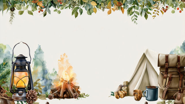 Watercolor Camping Frame Background with Tent, Campfire / アウトドアキャンプの水彩フレーム素材 焚き火とテントの背景イラスト