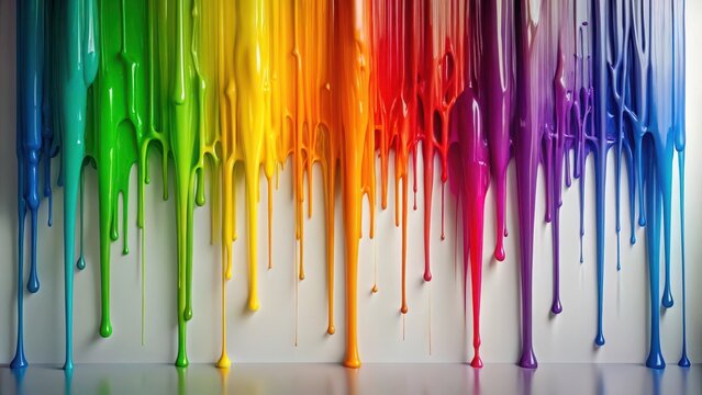 Vibrant rainbow paint drips on white background