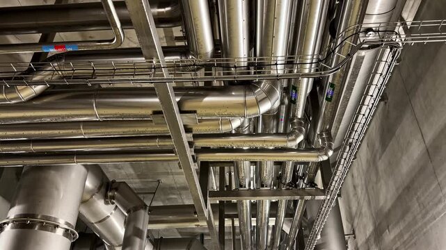 Complex network of metallic pipelines and ventilation ducts in an industrial facility