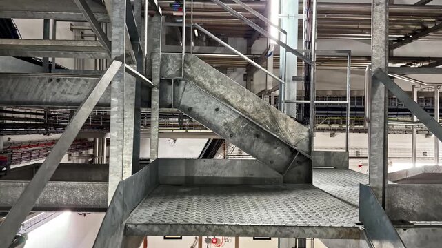 Galvanized steel stairs and platforms frame a dense network of pipes inside a large industrial facility.