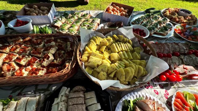 Delicious traditional appetizers, cheese, and meats arranged on a buffet table for a picnic