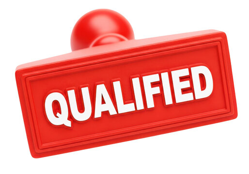 Rectangular red qualified stamp with white text, indicates passing criteria or meeting standards, official endorsement, professional certification or eligibility.