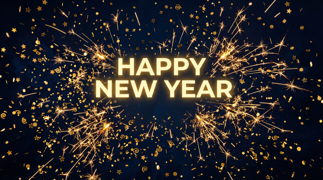 Golden sparkler explosion with happy new year text greeting on dark navy blue festive background with surrounded vibrant sparkler falling confetti against displays glowing golden