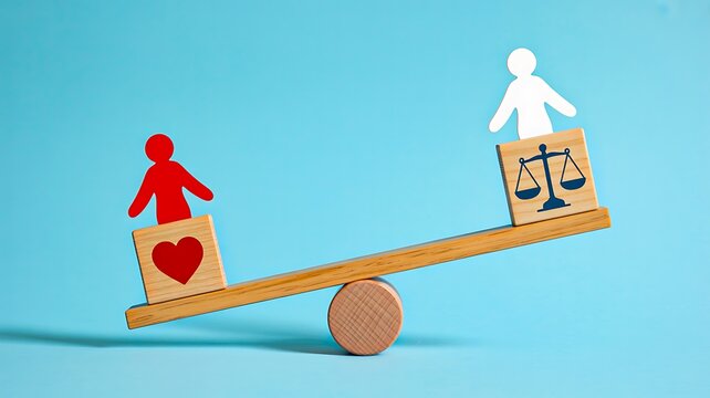 Concept of balance between love and justice with symbolic people on a seesaw