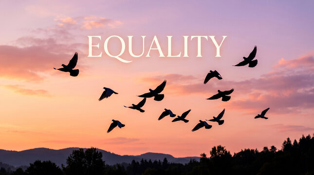 Flock of birds soaring through radiant sunrise sky with inspirational equality text overlay concept with displays silhouette bird equality centered above flying