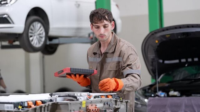 Mechanic Service Car Garage Tablet Glove Vehicle Repair Inspection Battery Tool Workshop Open Hood Maintenance Work