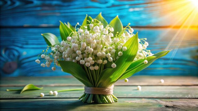 A lovely bouquet of lilies of the valley on a blue wooden table sat serenely in morning sunlight