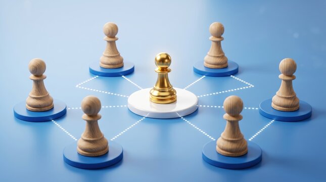 Golden chess pawn on white base connected to wooden pawns via dotted lines, symbolizing leadership, strategy, team management and business networking concept on blue background.