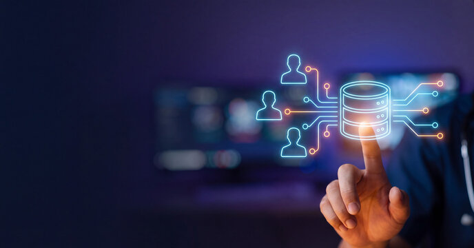 Digital database network management interface being touched by professional finger for global cloud computing communication and server data processing technology