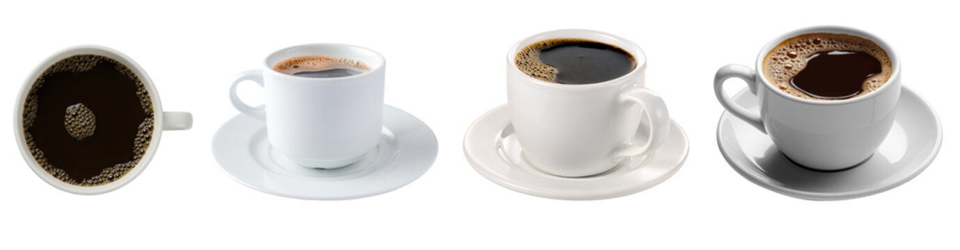 Set of four white ceramic coffee cups filled with rich black coffee, isolated on a transparent background.