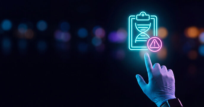 Genetic research report clipboard neon icon displaying a warning sign touched by a medical professional gloved hand digital interface