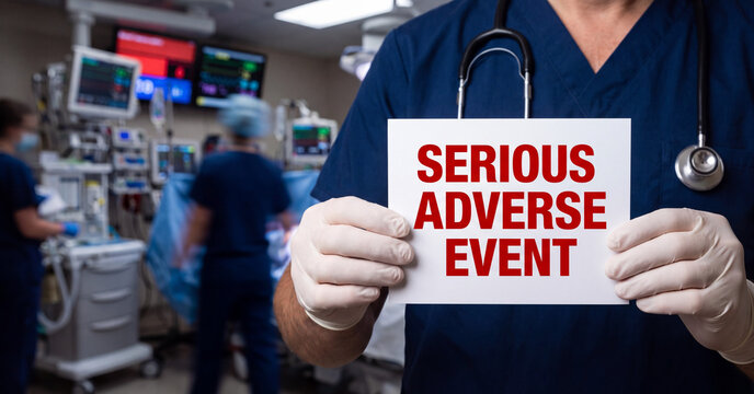 Medical professional holding a sign showing serious adverse event text in an intensive care unit with doctors working blurry background