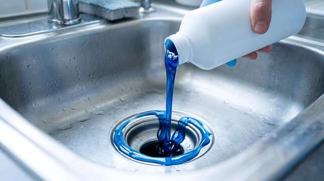 Hand in blue glove pouring thick blue liquid cleaner from white bottle into stainless steel kitchen sink drain