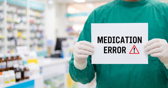 Medication error sign held by pharmacist wearing green scrubs and white gloves in a blurred bright retail pharmacy store background