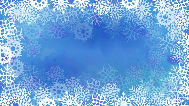 青い水彩背景に雪の結晶が舞う冬の装飾フレーム 4K シームレスループ動画