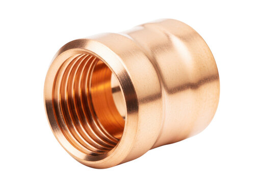 Copper pipe fitting with internal threads for connecting plumbing lines on transparent background.