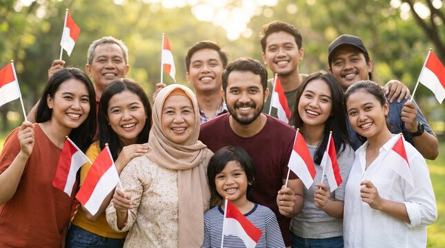 Diverse Group of Joyful Indonesian People Holding National Flags Together in a Park to Celebrate Independence Day With Patriotism