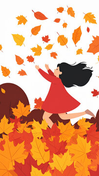 Little Girl Running and Playing in Pile of Autumn Falling Maple Leaves