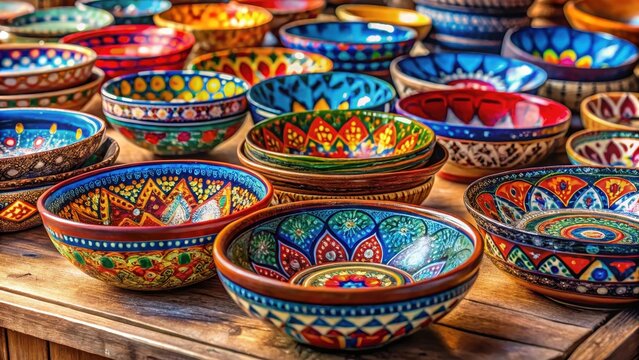 A colorful array of traditional azerbaijani bowls adorn a rustic wooden table awaiting steaming cups at morning tea