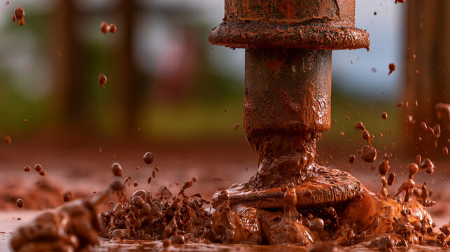 Heavy Industrial Drill Bit Drilling Deep Hole In Red Muddy Ground

