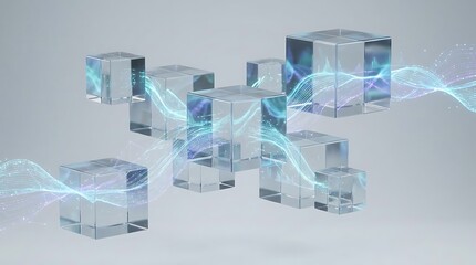 Naklejka premium A conceptual digital illustration of transparent cubes connected by glowing light trails, designed to visually represent the need to analise dados effectively.