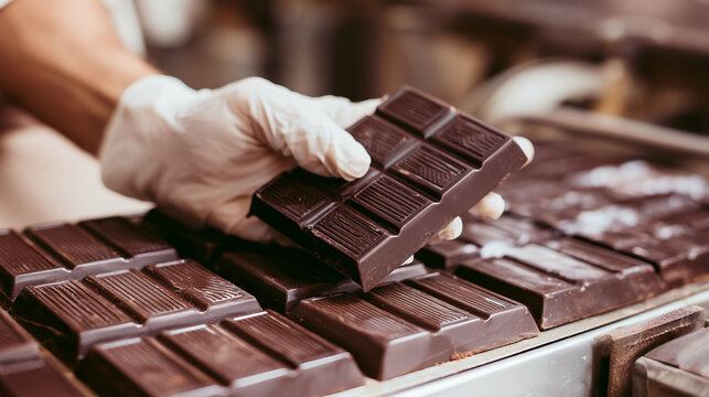 Gloved Hand Holding Dark Chocolate Bar Above Factory Production Line
