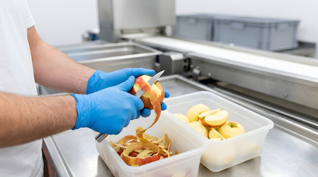 Worker Peeling Fresh Red Apple with Knife in Modern Food Processing Factory
