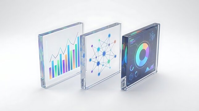 Three glass panels featuring colorful data charts and network diagrams to effectively analise dados and business performance in a modern digital office space