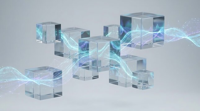 A conceptual digital illustration of transparent cubes connected by glowing light trails, designed to visually represent the need to analise dados effectively.
