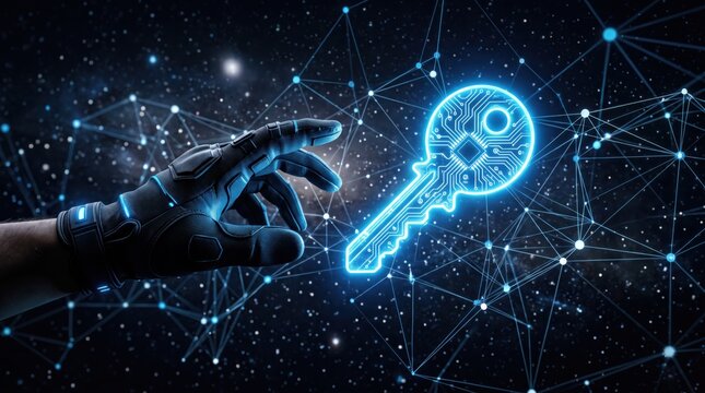 Glowing digital key symbolizing cyber security and encryption. Hand reaching for virtual access in a connected network of data nodes.
