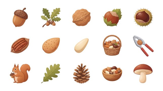Acorns and Nuts Icon Collection Set with Autumn Elements and Squirrel