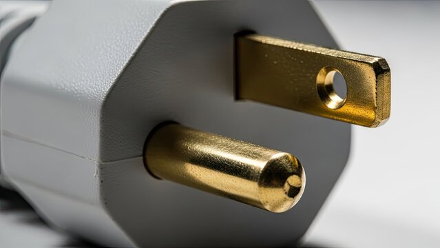 Macro shot of a standard electrical plug's prongs and housing against a gray backdrop