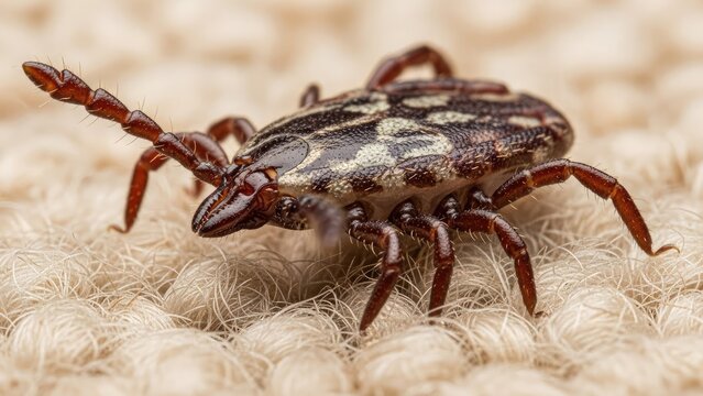 Macro shot of a tick on a textured surface, showcasing intricate details