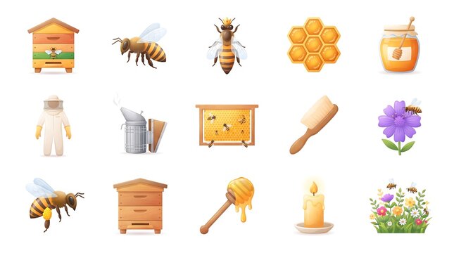 Beekeeping Honey Bee and Organic Apiculture Icon Set Collection