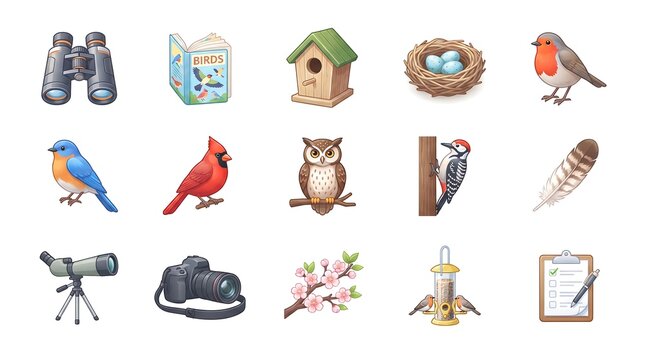 Bird Watching Ornithology and Nature Hobby Icon Set Collection
