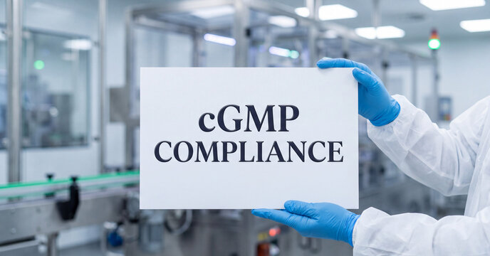 CGMP compliance sign held by professional technician in white protective gear inside modern pharmaceutical manufacturing factory production clean room area