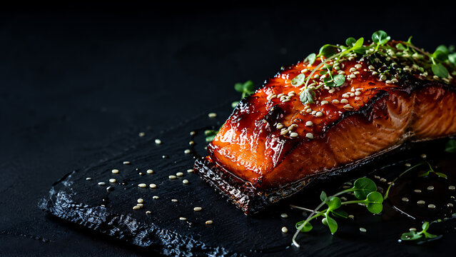 Glazed Teriyaki Salmon Fillet with Sesame Seeds and Microgreens on Black Slate
