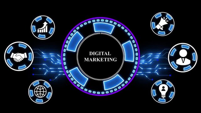 digital marketing concept with icons of branding, advertising, SEO, social media, devices, internet and target isolated on black background 4k animation 4k video.