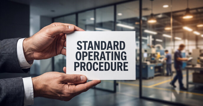 Standard operating procedure text on white card held by businessman in front of modern industrial factory manufacturing production facility floor